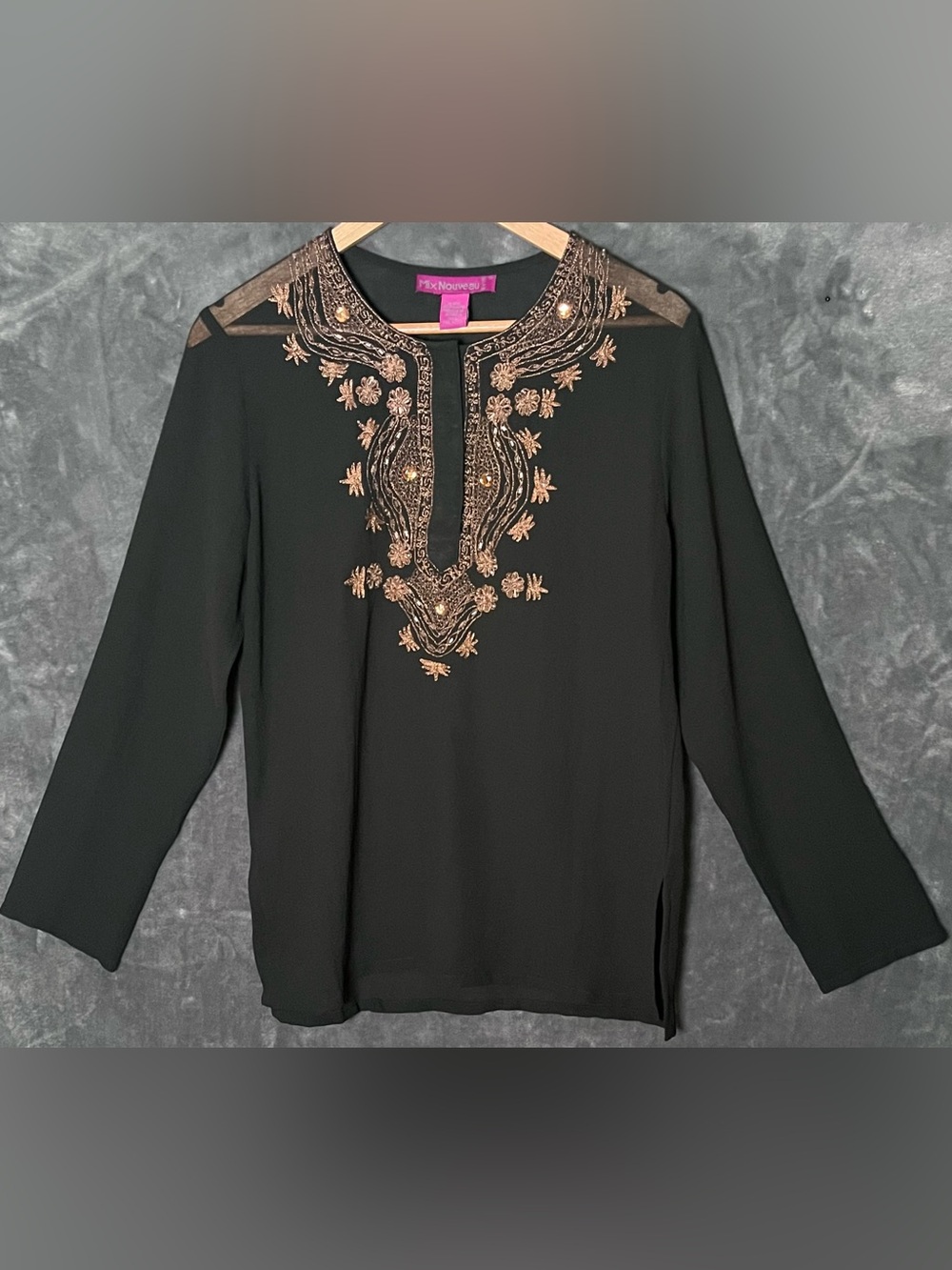 Mix Nouveau L Amber Embroidered Sheer Blk Boho Tunic